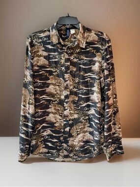 DIVIDED by H&M Black & Tan Animal-Print Button-Down Shirt w/Floral Accents-S-EUC